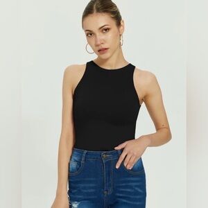Reoria Black High Neck Sleeveless Thong Bodysuit- Small